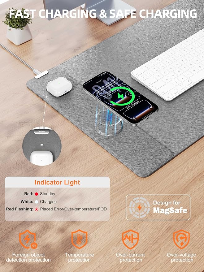 TopMade Mouse Pad with 15W Wireless Charging, XXL Large Leather Desk Mat, Waterproof Gaming Mousepad Home Office Desk Pad Protector, Gray (Includes 20W PD Power Adapter & 6.56ft Woven Cable)