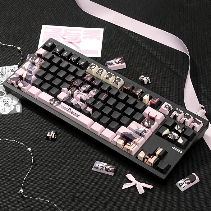 Purple Black Manga Japanese Theme Keycaps, PBT Keycaps 130 Keys Cherry Profile Dye - Sublimation Keycap Shine Through Custom Key Cap Set for Cherry Gateron MX Switches Mechanical Keyboard.