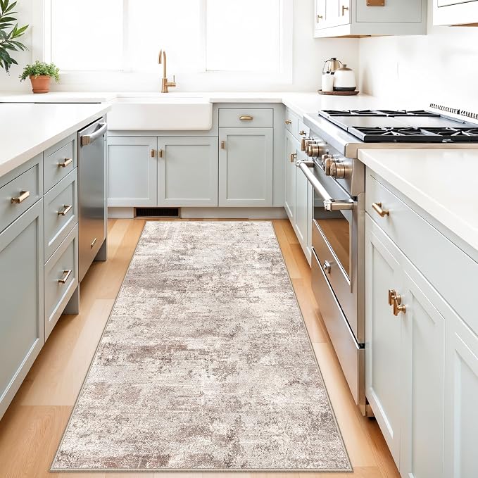 RUUGME Washable 3x6 Runner Rug: Modern Low Pile Durable Floor Mat Non-Slip Abstract Carpet for Kitchen Laundry Stain Resistant Soft Rugs for Family with Cats & Dogs Home Decor 3X6 Brick/Brown/Beige