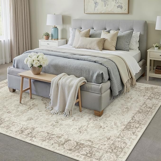 PureCozy 6x9 Area Rug Beige Washable Living Room Bedroom Carpet Vintage Distressed Large Non Slip Low Pile Thin Dining Room Home Office Medallion Accent Rug