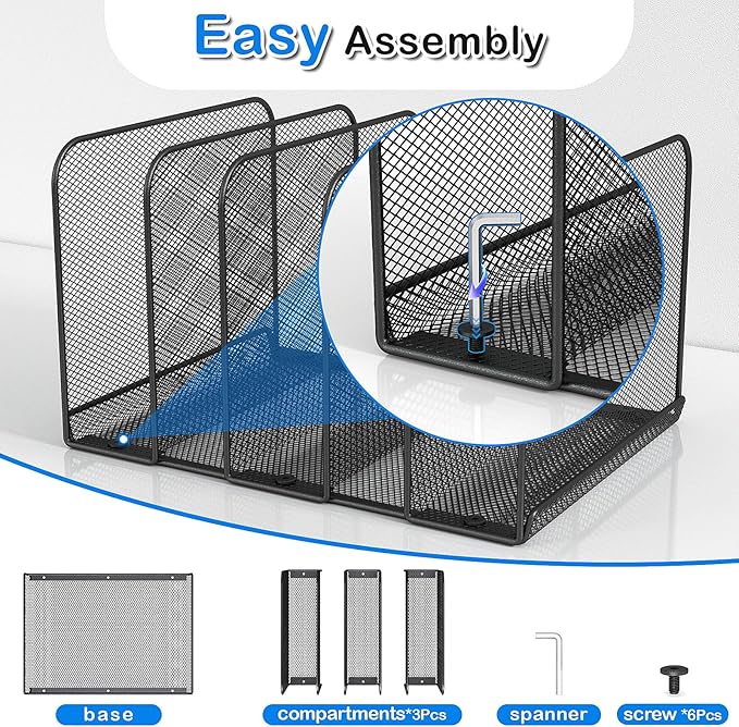 5 Sections Desk File Holder/Rack/Sorter,Mesh File Organizer,File Folder Organizer,Metal Upright Desktop Organization for Documents,Magazine,Kitchenware,Antiskid,Antirust,Sturdy,2 Packs