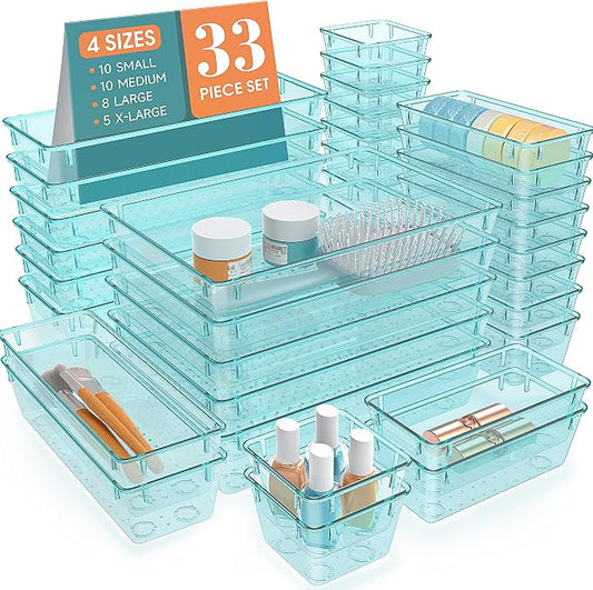 StorMiracle 33 PCS Clear Plastic Drawer Organizers Set, 4 Size Desk Drawer Organizer Trays for Makeup, Jewelry, Kitchen Utensils, Gadgets and Office Accessories, Sea Blue