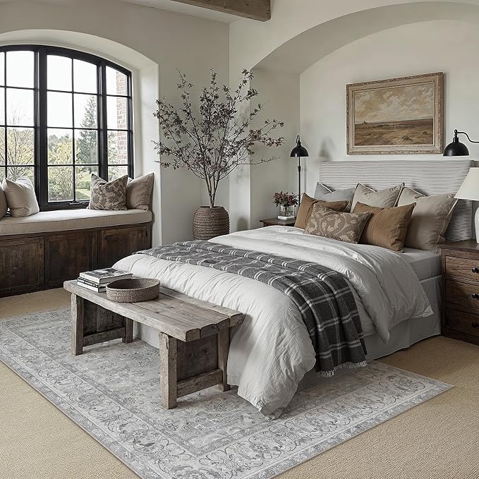 PureCozy Gray 5x7 Area Rug Washable Vintage Living Room Carpet Bedroom Indoor Non Slip Soft Low Pile Thin Stain Resistant Distressed Accent Throw Rug for Dining Office Nursery
