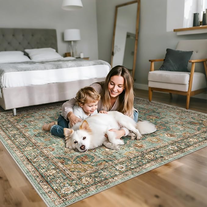 TOPRUUG Green Washable Entry Rug - 4x4 Area Rugs for Kitchen Bedroom Bedside Bathroom Entryway Non Slip with Rubber Backing Low Pile Ultra Soft Stain Resistant Small Carpet (Green, 4x4)