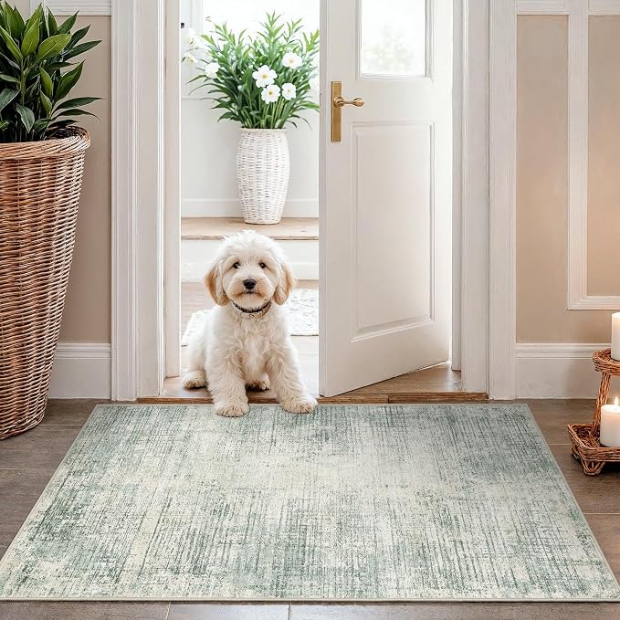 Washable Entryway 2x3 Area Rug: Small Abstract Kitchen Rugs for Indoor Bathroom Entrance Non Slip Door Mat with Rubber Backing Ultra Thin Soft Carpet for Bedroom Pet Feeding Area (Green,2x3)