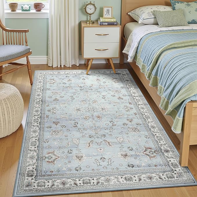 4x6 Light Blue Washable Boho Area Rug for Living Room, Vintage Floral Non Slip Bedroom Rugs, Wool Low Pile Indoor Mat, Aesthetic Pattern Carpet for Kitchen, Office and Bedside
