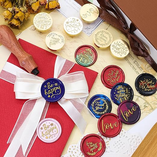 SWANGSA Phrases Wax Seal Stamp Set, Vintage 6 Pcs Sealing Wax Stamp Heads and 1 Wooden Handle for Wedding, Party Invitations, Letters, Envelopes, Christmas