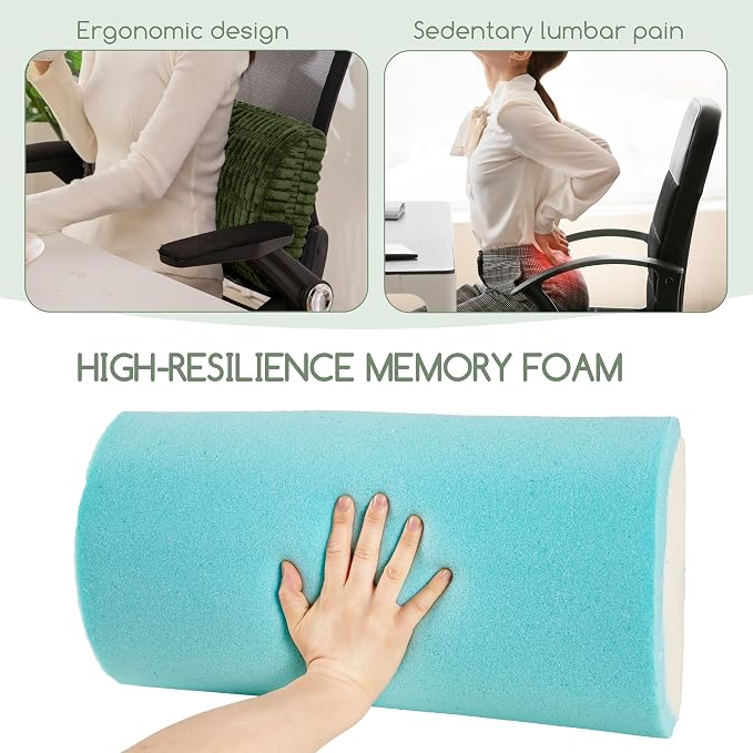 Lumbar Support Pillow for Recliner Chair/Office Chair/Couch, Memory Foam Back Support Cushion with Adjustable Strap, Recliner Cushions for Lower Back Pain Relief, Sleeping, Washable Cover, Dark Green
