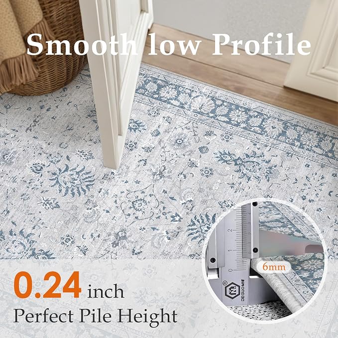 PureCozy 6x9 Area Rug Blue Washable Vintage Carpet Living Room Bedroom Large Non Slip Stain Soft Resistant Low Pile Thin Boho Accent Indoor Throw Rug for Dining Room Office