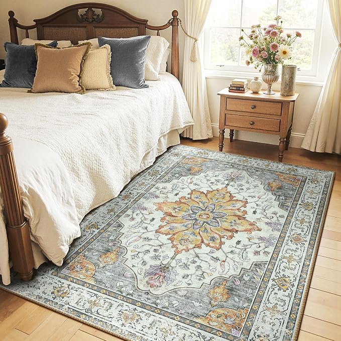 RELEANY Area Rugs 6'x9' Washable Non-Slip, Floral Vintage Distress Medallion Carpet for Living Room Bedroom Dining Room, Beige Carbon Grey Orange