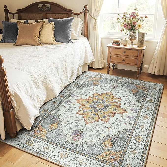RELEANY Area Rugs 5'x7' Washable Non-Slip, Floral Vintage Distress Medallion Carpet for Living Room Bedroom Dining Room, Beige Carbon Grey Orange