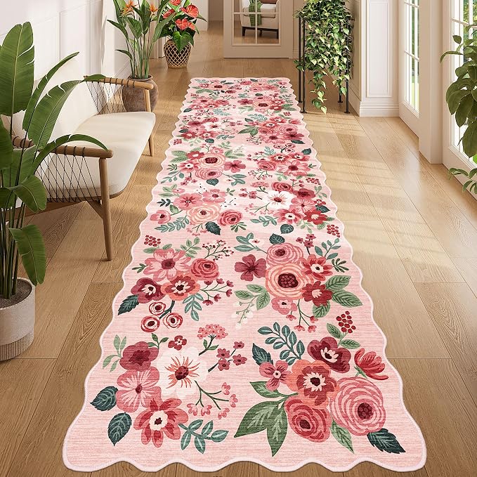 DUKINO 3x10 Washable Runner Rug, Non Slip Floral Ultra Soft Runner for Hallway, Lightweight Low Pile & Stain Resistant Long Throw Carpet for Kitchen, Bathroom, Entrance, Bedroom, Kids Room, Pink