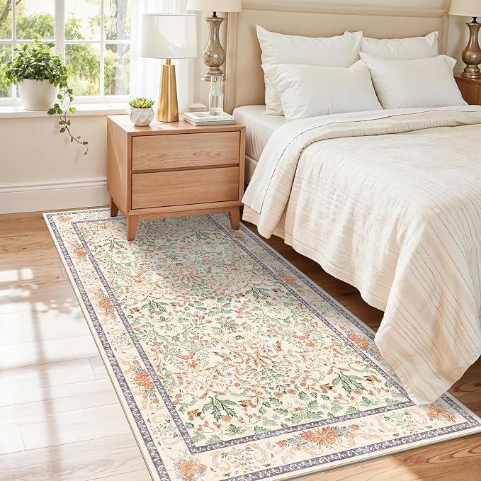 Botanical Beige 3x5 Area Rug - Non-Slip Washable Soft Low-Pile Small Area Rugs for Kitchen Bedroom Entryway Kid Room – Vintage Florals Door mat Indoor (Cream, 3x5)
