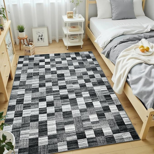 Terrug Black and White Checkered Rug for Bedroom, 4x6 Area Rugs Washable with Non Slip for Living Room, Soft Low Pile Stain Resistance Abstract Carpet for Kids Room