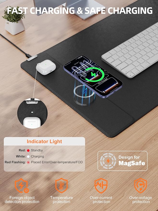 TopMade Mouse Pad with 15W Wireless Charging, XXL Large Leather Desk Mat, Waterproof Gaming Mousepad Home Office Desk Pad Protector, Black (Includes 20W PD Power Adapter & 6.56ft Woven Cable)