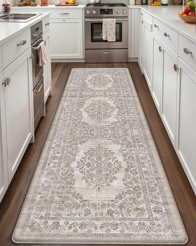 Color&Geometry Kitchen Floor Mat 24x59 Faded Vintage Anti Fatigue, Khaki | 0.4in Cushion Standing Mat For Cooking/Working/Laundry, Boho Decor, Non Slip PVC Kitchen Rug, Oil/Water Proof, Anti Slip