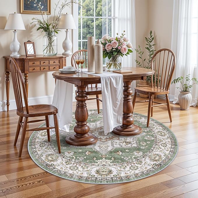 RUUGME Washable 4round Area Rug - Boho Rugs for Living Room Vintage Tribal Rugs for Bedroom Kitchen Bathroom with Non Slip Backing Home Decor Floor Decoration Mat 4ft Sage