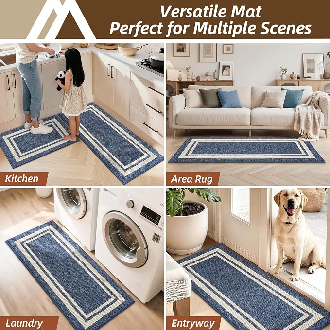COSY HOMEER Kitchen Rugs Non-Slip 24x35/24x60 Inch Thick Polypropylene Standing Mat for Home Machine Washable, Blue