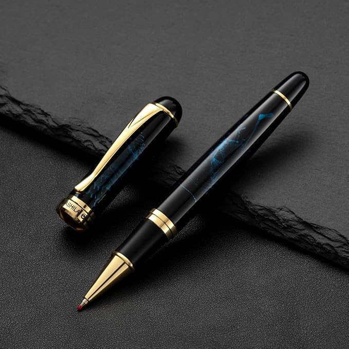 Luxury Metal Rollerball Pen Set – Stainless Steel Barrel, Cool Fine Point Pen with Gift Box & 2 Extra Refills – Premium Business & Signature Pens for Men & Women (Black with Blue Fireworks)