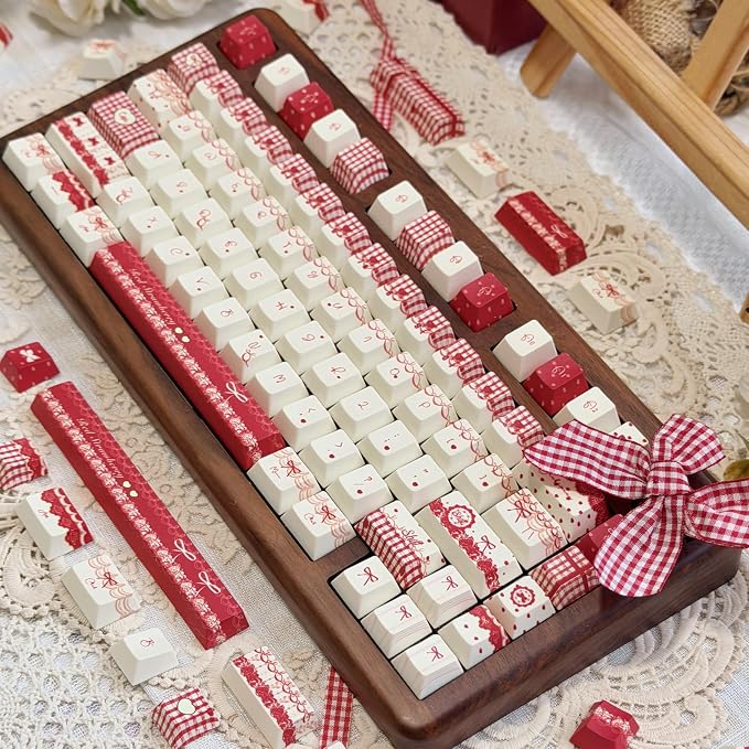 Raspberry Mousse Theme Keycaps 140 Keys, PBT Keycap Cherry Profile, Dye-Sub Cute Red Key Caps Set 60% 75% 96% 100%, Custom Keyboard Keycaps MX Switch Mechanical Keyboard (Only Keycap)