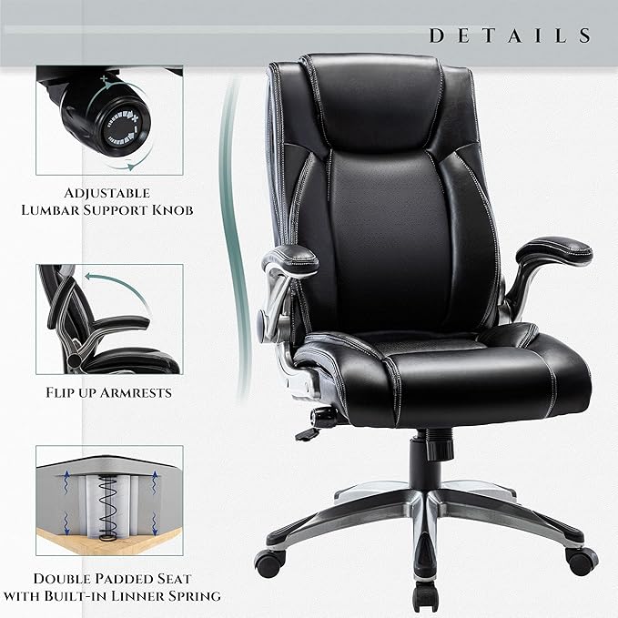 COLAMY Office Desk Chair, Ergonomic Computer Chair with Padded Flip-Up Arms and Thick Cushion, Leather Office Chair with High Back Adjustable Height and Tilt for Working for Working, Study, Gaming