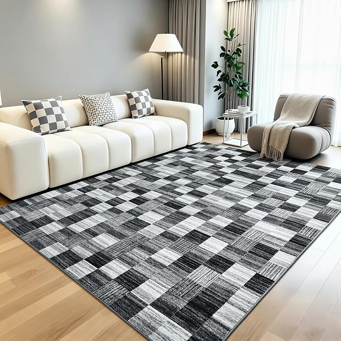 Terrug Black and White Checkered Rug for Living Room, 5x7 Area Rugs Washable with Non Slip for Bedroom, Soft Low Pile Stain Resistance Abstract Carpet for Dinning Room