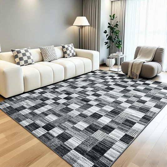 Terrug Black and White Checkered Rug for Living Room, 5x7 Area Rugs Washable with Non Slip for Bedroom, Soft Low Pile Stain Resistance Abstract Carpet for Dinning Room