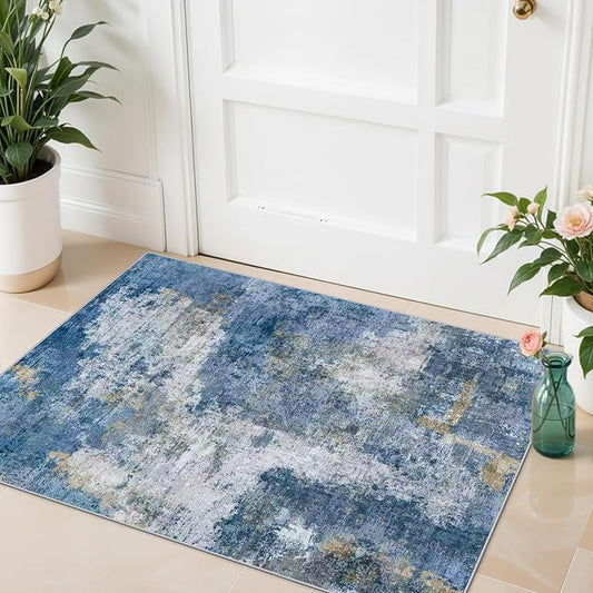 Washable 2x3 Entryway Area Rug: Modern Soft Ultra Thin Door Mat with Non-Slip Backing Stain Resistant Carpet for Bedroom Low Pile Floor Rugs for Kitchen Bathroom Easy Clean Rug for Family 2X3 BlueW