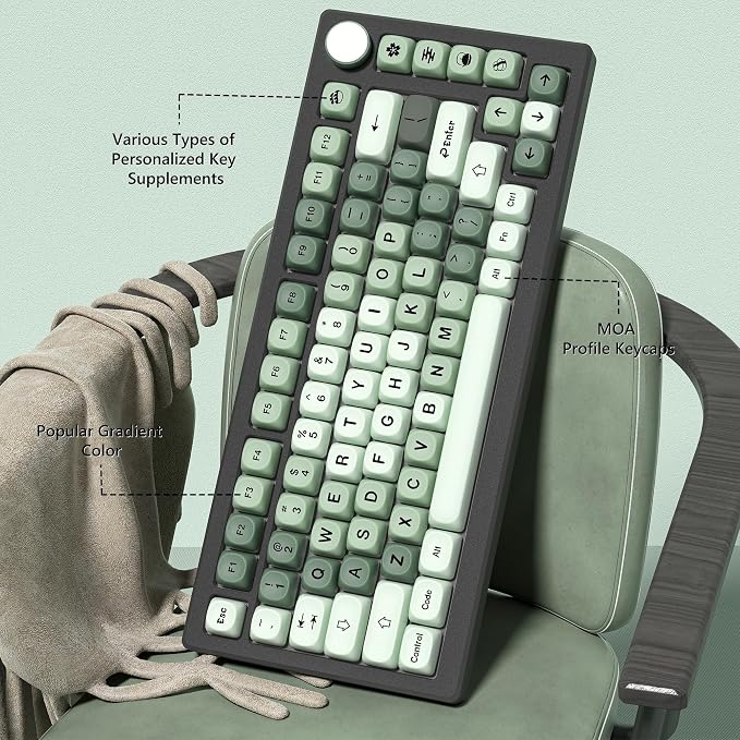 Womier Matcha Keycaps Green, PBT MOA Custom Keyboard Keycaps 60 65 75 100 Percent, Gradient Key Caps Set, 5 Side Dye Sublimation for Cherry Gateron MX Switches Keyboards, Green