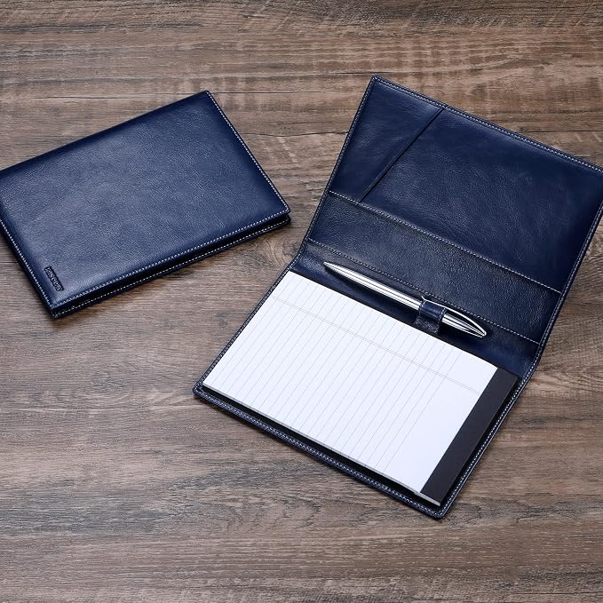 HISCOW Slim Leather Junior Padfolio, 5x8 Notepad Cover, Antiqued Blue | Full-grain buffalo leather, top-loading legal pad holder, rigid pen loop, quick-access card slot, zipperless boardroom design