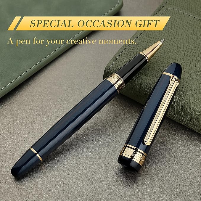 BEILUNER 319 Piano Blue Lacquer Rollerball - Stunning Luxury Pen with 24K Gold, Heavy, Schneider Black Ink Refill, Best Gift Set for Men & Women, Professional, Executive Office, Fancy Classic Pens