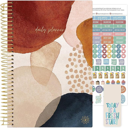 bloom daily planners UNDATED Weekly & Monthly Calendar Planner - Start Anytime (5.5” x 8.25”) - Earthy Abstract, Blue