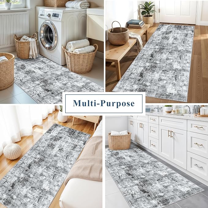 3x7 Washable Non-Slip Kitchen Runner Rug – Modern Abstract Neutral Beige & Gray Carpet for Hallway, Entryway, Bedroom, Laundry Room – Low-Pile Thin Wide Floor Runner with Rubber Backing （Grey）