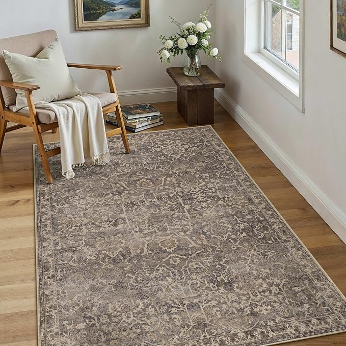 HUGEAR 3x5 Entryway Area Rug Retro Brown Small Rug Machine Washable Door Mat Vintage Floral Low Pile Carpet Vacuumable Distressed Throw Rug Entrance Kitchen Bedroom Bathroom Non Slip Lightweight