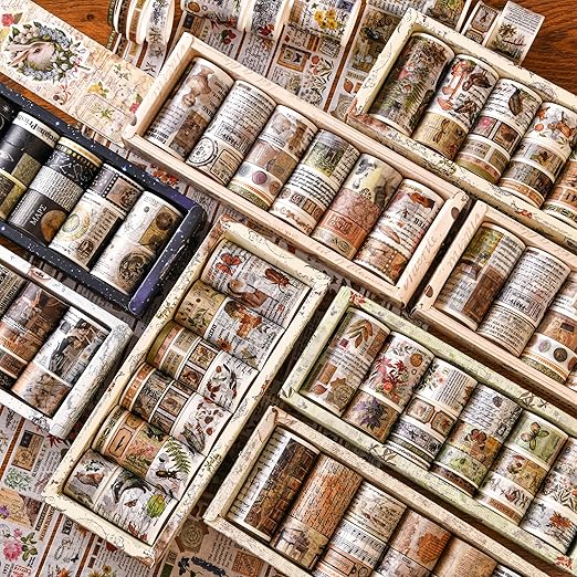18 Rolls Vintage Washi Tape Pack Retro Arts Adhesive Tapes Wide Monologue Decorative Masking Tape Sets for Craft, Kids, Scrapbook, DIY, Gift Wrapping (Past Events)