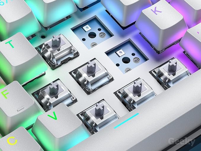 Geeky GK65 65% | Hot Swappable Mechanical Gaming Keyboard | 68 Keys Multi Color RGB LED Backlit for PC/Mac Gamer | ANSI US American Layout (White, Mechanical Speed Silver)