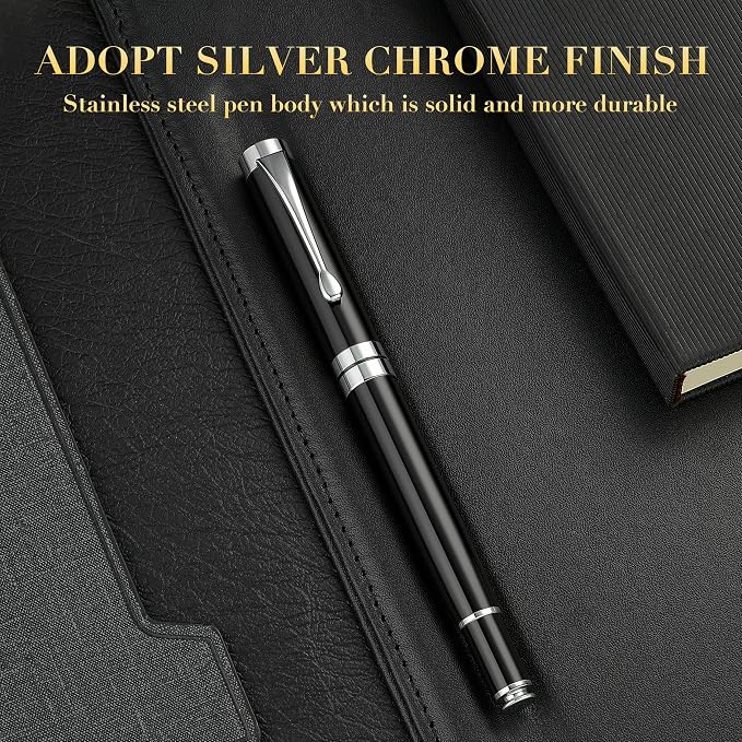 BEILUNER Ballpoint Pens, Stunning Black Chrome Ballpoint Pen with Silver Trim, Best Ball Pen Gift Set for Men & Women, Professional, Executive, Office, Fancy Pen-Gift Box With 0.5mm Extra Black Refill