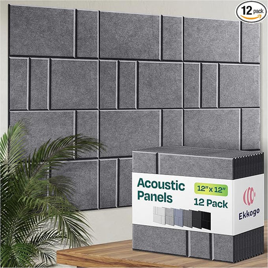 Acoustic Panels 12-Pack Soundproof Wall Panels 12"x12"x0.4" Decorative Sound Dampening for Your Home, Office, Studio, Bedroom & More with Unique GridFrame Carving [Pebble Gray]
