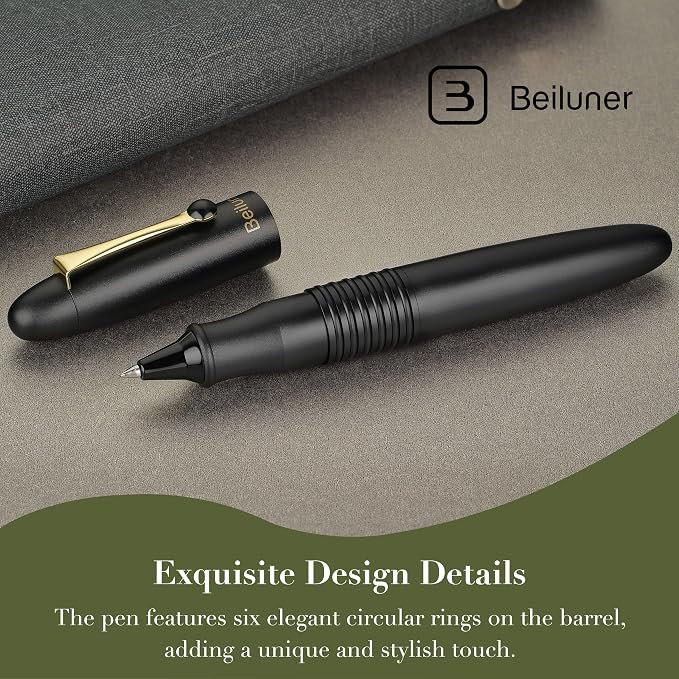BEILUNER 320 Black Rollerball - Stunning Luxury Pen with Gold Finish, EDC, Heavy, Smooth Black Ink Refill, Best Gift Set for Men & Women, Professional, Executive Office, Nice Classic Pens