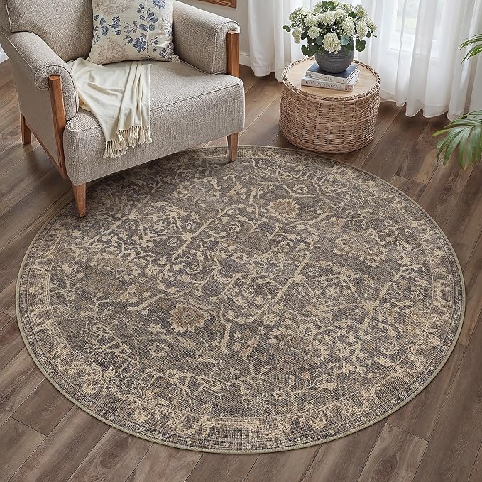 HUGEAR Round Rug 4ft Entryway Rugs Machine Washable Retro Brown Hallway Area Rug 4x4 Small Circle Vintage Rug Floral Low Pile Carpet Soft Throw Rug Living Room Office Laundry Room Entrance Non Slip