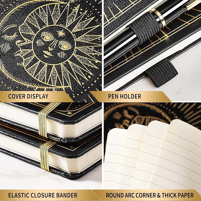 Artfan Ruled Notebook/Journal – Premium Thick Paper Classic Writing Notebook with Pocket + Page Dividers Gifts, Banded, Large, 128 Pages, Hard Cover, Lined (5.3" x 8.26") - Sun and Moon