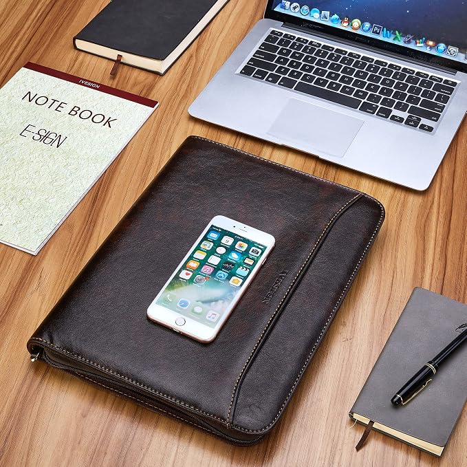 Zippered Padfolio Binder, Faux Leather Organizer with 3-Ring Binder, Left-Handed Design, Business Card Slots & Document Folders - Professional Padfolio for Office (Dark Brown)