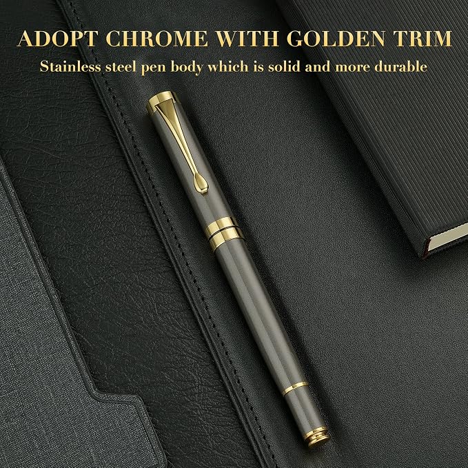 BEILUNER Ballpoint Pens, Stunning Grey Chrome Metal Pen with Golden Trim, Fancy Ball Pen Gift Set for Men & Women, Professional, Executive, Office,Journal Pens-Gift Box with 0.5mm Black Extra Refill