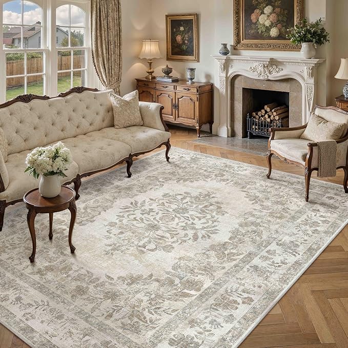 PureCozy 7x10 Area Rug Beige Washable Vintage Distressed Living Room Carpet Large Bedroom Indoor Medallion Floral Non Slip Retro Throw Floor Mat for Office Dining Room Kitchen Bathroom