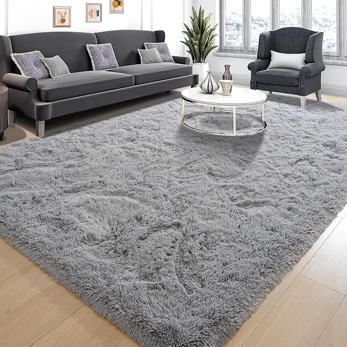 Tepook Super Soft Fluffy Rug for Bedroom, Modern Shaggy Fuzzy Kids Rugs for Living Room, Plush Indoor Nursery Home Decor Dorm Carpet with Non-Slip Bottom, Grey, 4 X 6 Feet