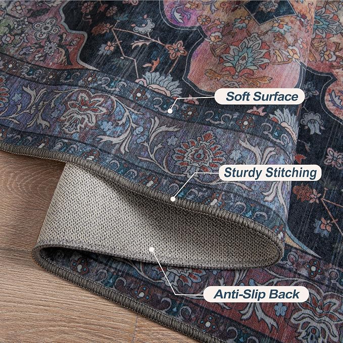 Tangsoo 5x7 Area Rug Washable Rug for Living Room, Vintage Indoor Non Slip Large Area Rugs, Print Distressed Navy/Multi Carpet, Soft Low Pile Rug Foldable for Bedroom Dining Room Dorm