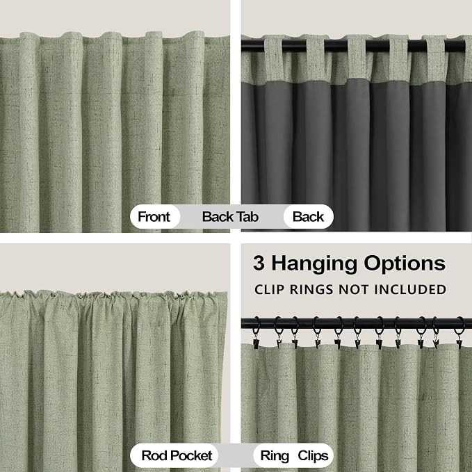 KOUFALL Sage Green Blackout 90 Inch Length for Bedroom, Linen Black Out Curtains Pleated Thermal Darkening Light Blocking Boho Farmhouse Cottage Core Soundproof Curtains for Office Window Living Room