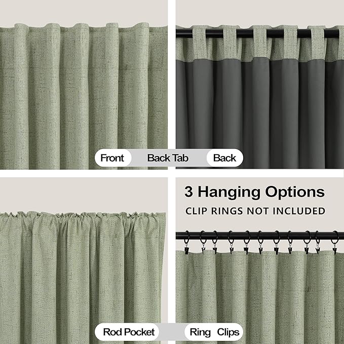 Sage Green Linen Blackout Curtains for Bedroom 84 Inch Long Black Out Pleated Thermal Darkening Light Blocking Boho Farmhouse Cottage Core Soundproof Sound Proof Curtains for Office Window Living Room