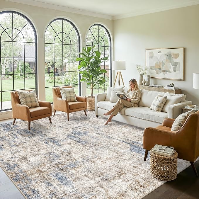12x12ft Square Living Room Rug – Non-Slip Washable Extra Large Floor Carpet for Bedroom, Dining Room, Playroom Room – Modern Abstract Neutral Thin Low-Pile Oversized Indoor Rug (Blue Brown)