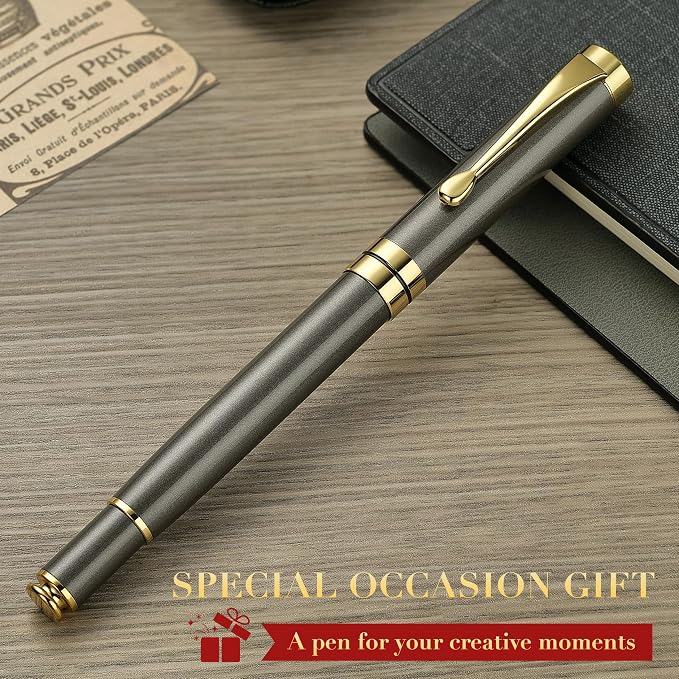 BEILUNER Ballpoint Pens, Stunning Grey Chrome Metal Pen with Golden Trim, Fancy Ball Pen Gift Set for Men & Women, Professional, Executive, Office,Journal Pens-Gift Box with 0.5mm Black Extra Refill